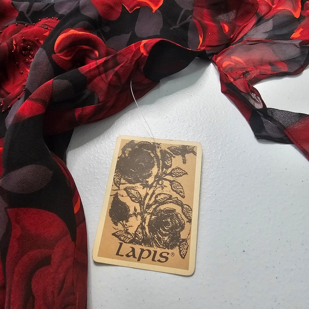 Vintage Lapis Silk Bias Rose Maxi Dress L Black Red Hanky Hem Whimsigoth Y2K NWT - Picture 11 of 16